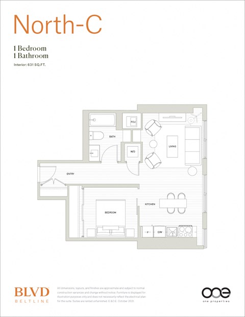 Floor plan for 1 bed, 1 bath, 631 sqft